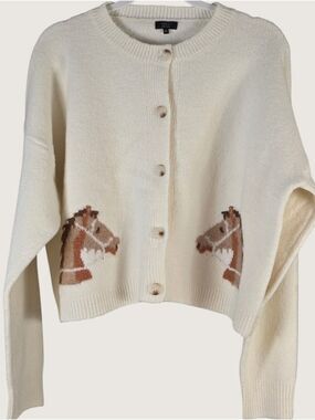 Debut Ivory Horse Cardigan M/L NWT Western Equestrian Button Front Sweater